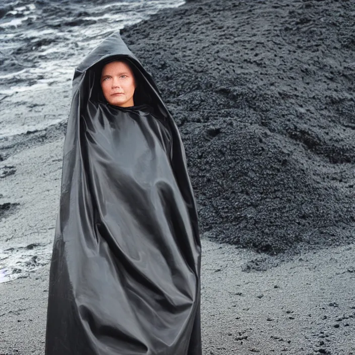 Prompt: closeup portrait of a woman wrapped in a plastic cloak, standing in a volcanic black sand beach, color photograph, by vincent desiderio, canon eos c 3 0 0, ƒ 1. 8, 3 5 mm, 8 k, medium - format print