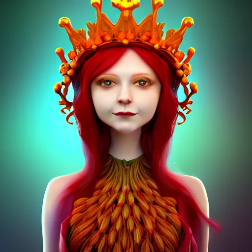 Image similar to cell shaded humanoid onion goddess, flower vine dress, crown, artstation, 4 k gorgeous, smiling, red hair regal, garlic scepter