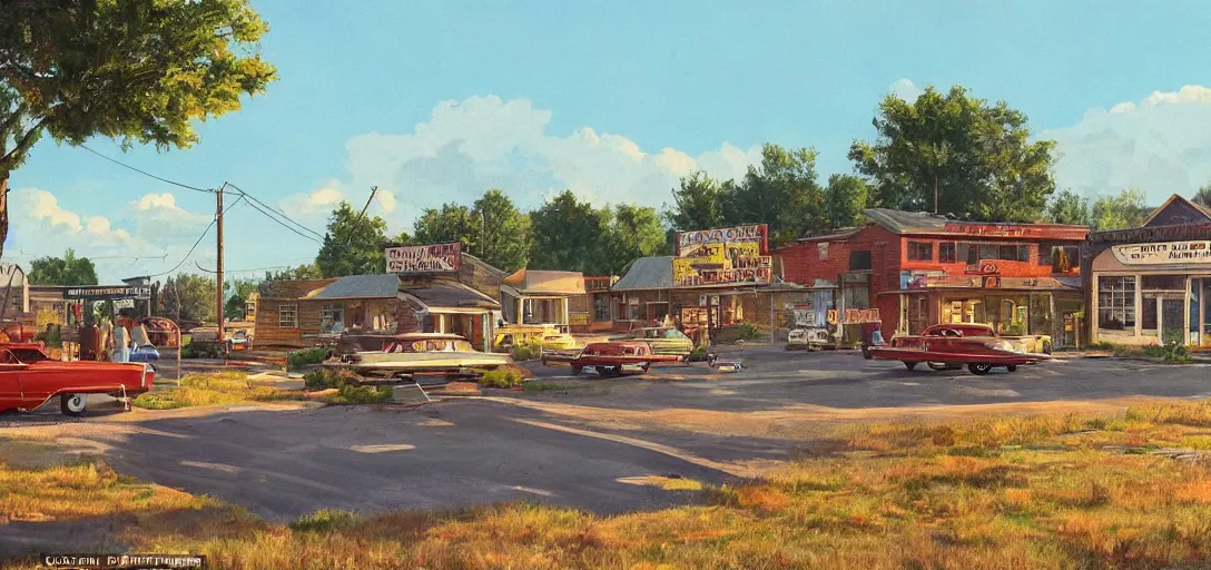 Image similar to concept art of a small rural town in middle America in the 1960s, detailed, Americana, golden hour