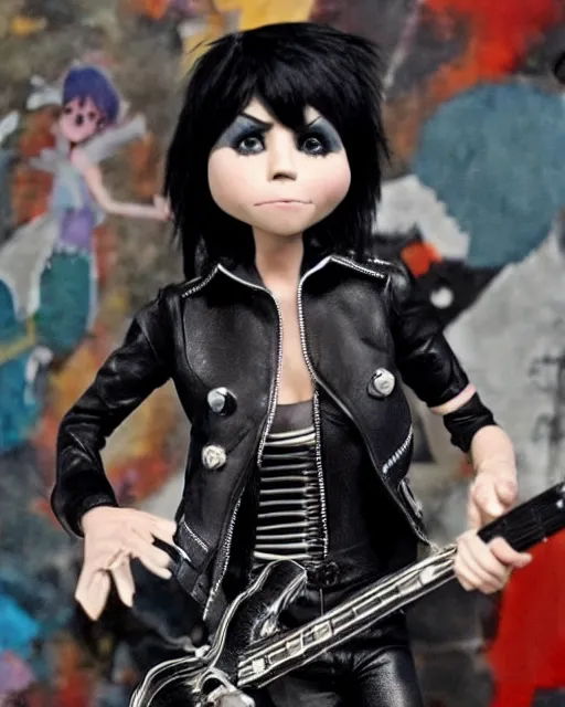 Prompt: singer joan jett wearing form fitting leather pants as a highly detailed stop motion puppet, in the style of laika studios ’ s paranorman, coraline, kubo and the two strings shot in the style