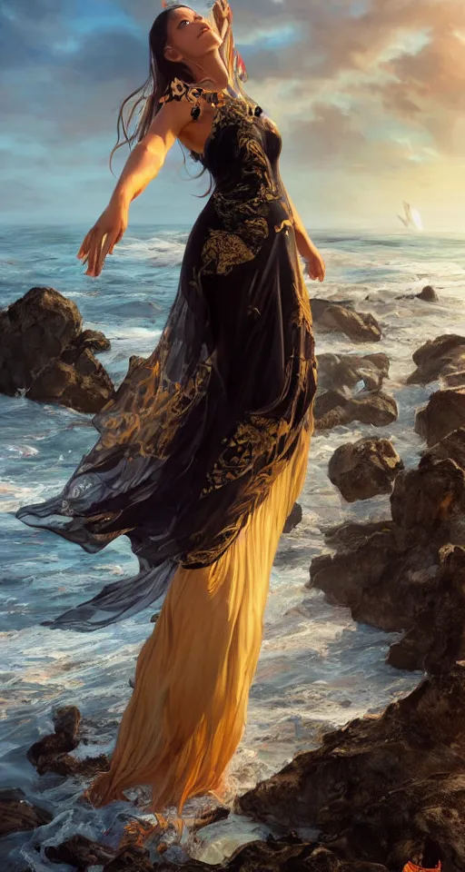 Image similar to ! dream photorealistic long shot of a dark mystical goddess wearing a qipao dress, big sun rough sea and jagged rocks, nets, plastic bottles, garbage, sand and sea, golden hour, ao dai, environmental, fantasy, atmospheric, hyper realistic, artstation, art by artgerm, andres rodriguez and john william waterhouse
