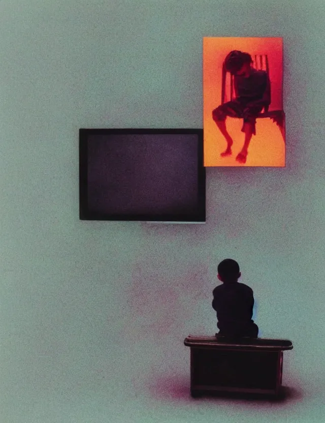 Prompt: boy in dark room sitting on a chair infront of tv, glitch, wide shot, coloured polaroid photograph, pastel, kodak film, hyper real, stunning moody cinematography, by maripol, fallen angels by wong kar - wai, style of suspiria and neon demon, david hockney, detailed, oil on canvas