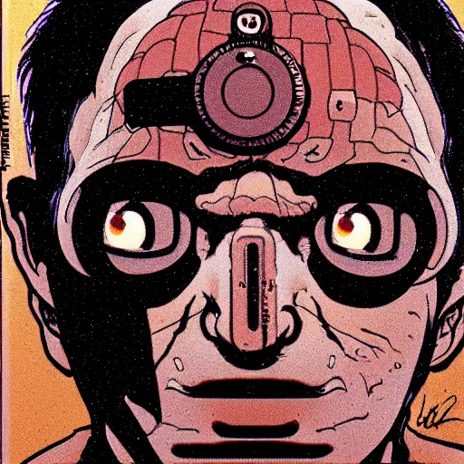 Image similar to a dark brown humanoid, hyper detailed, in the style of katsuhiro otomo and and katsuhiro otomo and katsuhiro otomo, selfie