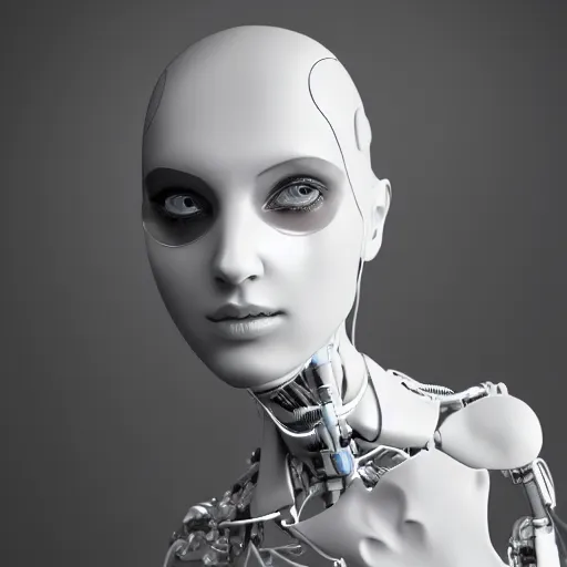 Prompt: beautiful centered fine art photo portrait of romantic beautiful girl as a solarpunk robotic humanoid, white mechanical parts with led lights, contrapposto pose, photorealistic, white background, highly detailed and intricate, soft box lighting, hdr 8 k