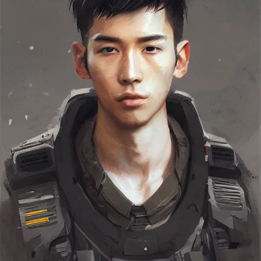 Image similar to Portrait of a man by Greg Rutkowski, he is about 20 years old, japanese, short black hair with bangs, young, manly, attractive, slim, he is wearing futuristic military fatigues, highly detailed portrait, scifi, digital painting, artstation, concept art, smooth, sharp foccus ilustration, Artstation HQ