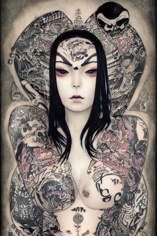 Prompt: portrait of goth yakuza girl with tattoo, highly detailed, artstation, illustration, art by Gustav Klimt