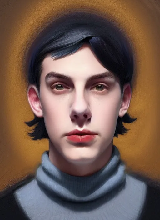 Image similar to portrait of teenage jughead jones wearing a light grey crown, crown, blue turtleneck, 1 9 5 0 s, closed eyes, photorealistic, black hair, glowing lighting, intricate, elegant, glowing lights, highly detailed, digital painting, artstation, concept art, smooth, sharp focus, illustration, art by wlop, mars ravelo and greg rutkowski