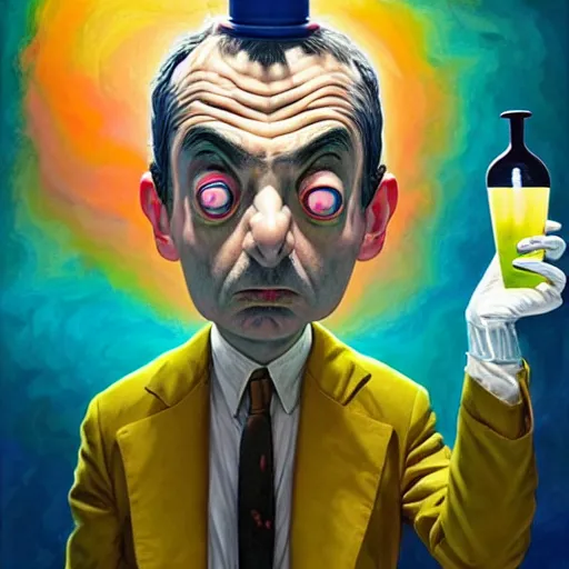 Image similar to mr. bean mad scientist psychopath, conjuring up mysterious colorful potions, portrait by gaston bussierre and charles vess and james jean and erik jones and rhads, inspired by rick and morty, epic, funny, huge scale, beautiful fine face features, intricate high details, sharp, ultradetailed