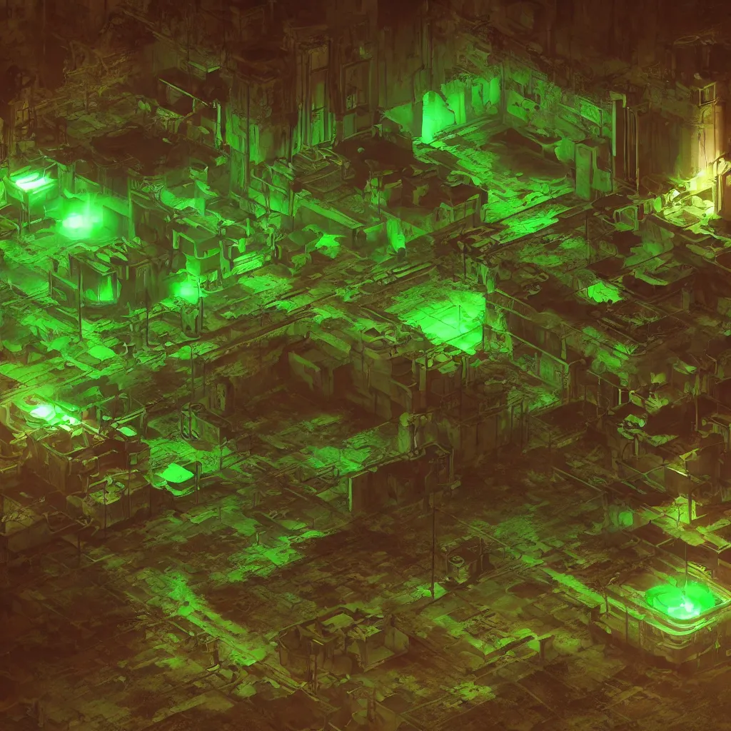 Prompt: secret under ground base with a green glowing uranium tank, concept art, digital art, octane render, xray melting colors