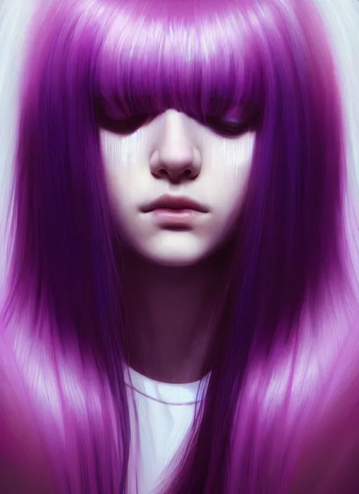 Image similar to hair whitebangs hair, black hair, whitebangs, portrait of teenage girl with white bangs, red irises, purple clothes, white bangs, bangs are different color from hair, intricate, elegant, glowing lights, highly detailed, digital painting, artstation, concept art, smooth, sharp focus, illustration, art by wlop, mars ravelo and greg rutkowski