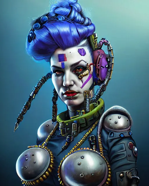 Prompt: junker queen from overwatch, mohawk, braids, blue hair, face paint around eyes, lip and nose piercings, character portrait, portrait, close up, concept art, intricate details, highly detailed, vintage sci - fi poster, retro future, in the style of chris foss, rodger dean, moebius, michael whelan, and gustave dore