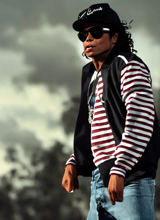 Prompt: film still of michael jackson as eazy e in the movie straight outta compton, full-shot, 4k