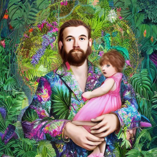 Prompt: maximalist father with a beautiful child, wearing an elaborate jacket overgrown by plants. maximalist. halo. mixed media in the style of Raffaello. vibrant pastel tones matte background HD 8x