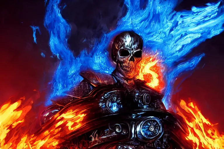 Prompt: Ghost Rider covered in blue flames, headshot photo, dark souls concept art, dramatic lighting, highly stylized, high-quality wallpaper, desktopography