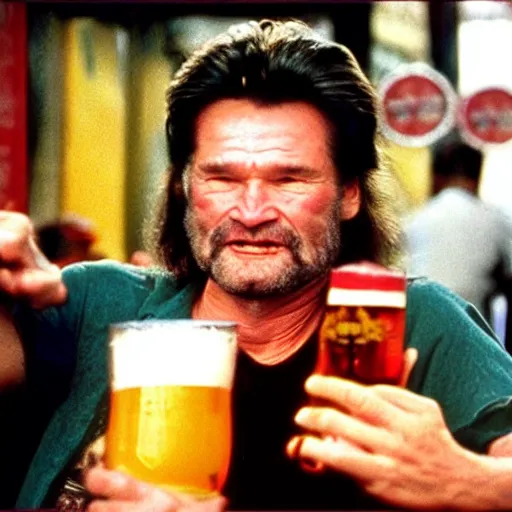 Prompt: Big trouble in little China, Jack Burton drinking beer, Chinatown bar, amazing shot, colorized, 1987