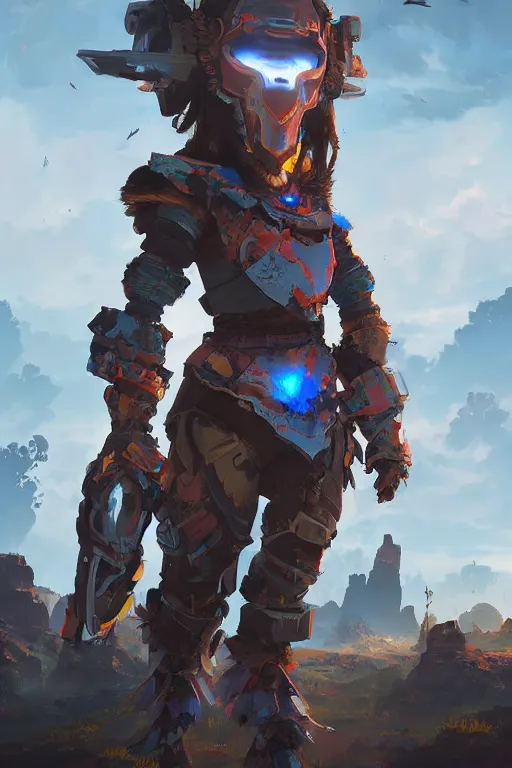 Image similar to combination suit armor aloy horizon forbidden west horizon zero dawn radiating a glowing aura global illumination ray tracing hdr fanart arstation by ian pesty and alena aenami artworks in 4 k tribal robot ninja mask helmet backpack