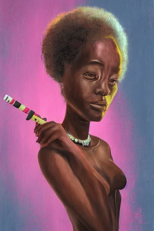 Image similar to A beautiful tall black woman with dark skin and a pink afro, looking at you from across the bar, holding a lit cigarette, digital art, oil painting, clean lines, drawn by H.R Giger