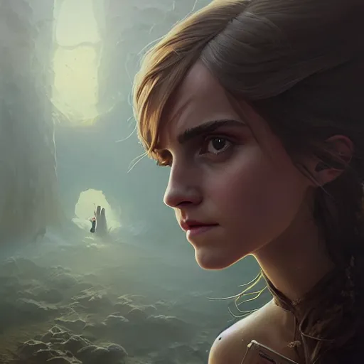 Image similar to highly detailed portrait of emma watson, stephen bliss, unreal engine, fantasy art by greg rutkowski, loish, rhads, ferdinand knab, makoto shinkai and lois van baarle, ilya kuvshinov, rossdraws, tom bagshaw, global illumination, radiant light, detailed and intricate environment