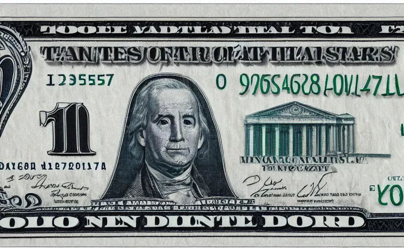 Prompt: rectangular photograph of ten dollar u. s. currency note featuring president biden