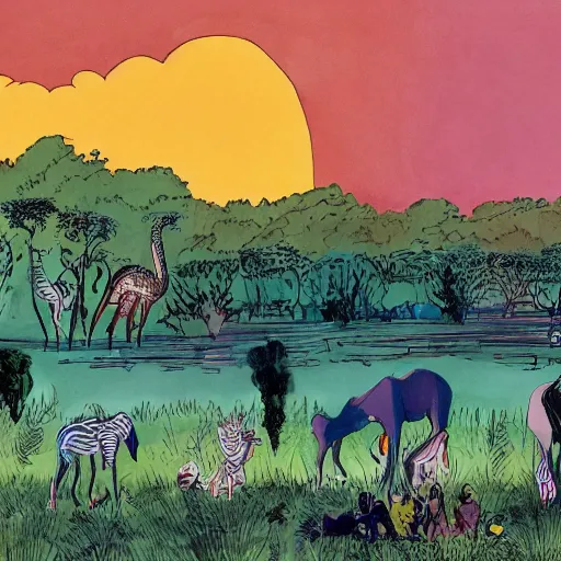 Image similar to quentin blake, james jean illustration of a safari at sunset