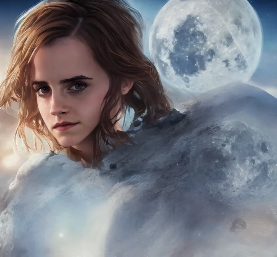 Image similar to hyper realistic portrait of emma watson on the moon, cinematic, artstation, cgsociety, full body