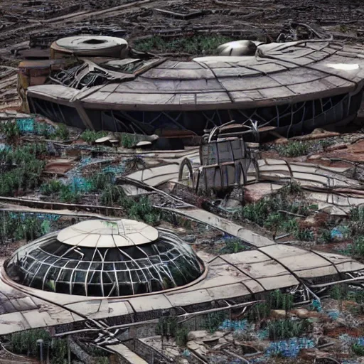 Image similar to post - apocalyptic epcot center, wasteland, barren, monorail, abandoned, walt disney world, highly detailed, intricate, 8 k