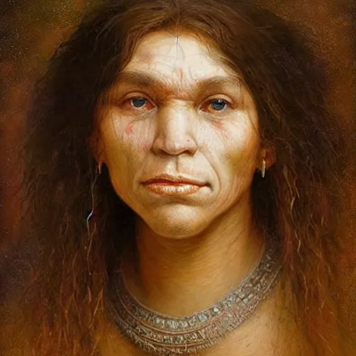 Prompt: portrait of a neanderthal woman ( 3 5 ) from spain, 5 0, 0 0 0 bce, an oil painting by ross tran and thomas kincade
