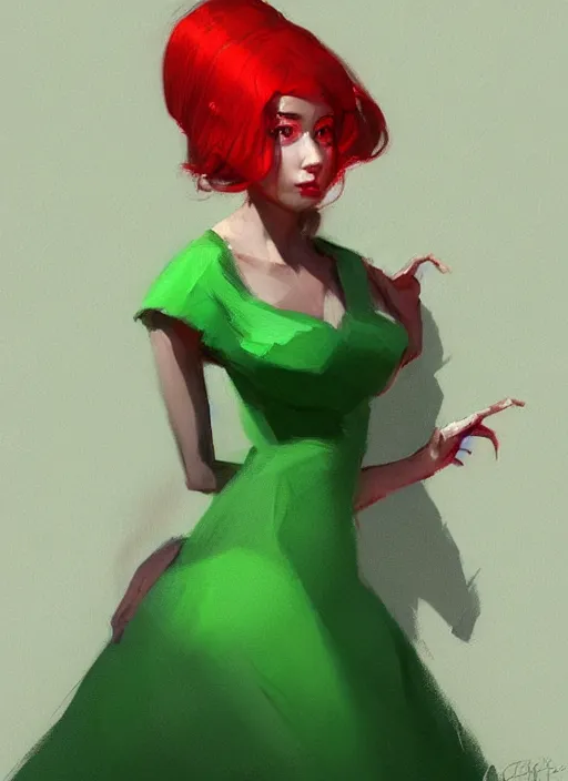 Image similar to a digital painting of a beautiful anthropomorphic humanoid female green apple wearing a red dress, by netter, style from greg rutkowski, beautiful eyes, full frame, oil painting, featured on artstation, concept art, smooth, sharp focus, illustration, very detailed, ambient lighting, unreal engine render, concept art by Atey Ghailan, by Loish, by Bryan Lee O'Malley