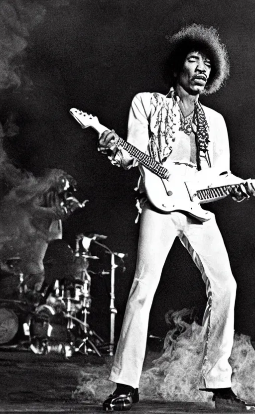 Prompt: jimi hendrix burning a stratocaster on the stage, cinematic composition and lighting