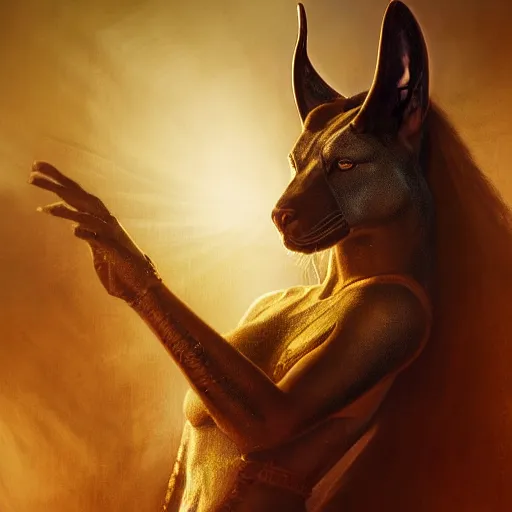 Image similar to Majestic gracious Anubis female warrior portrait, menacing, atmospheric lighting, painted, intricate, volumetric lighting, beautiful, rich deep colours masterpiece, golden hour, sharp focus, ultra detailed, by Leesha Hannigan, Ross Tran, Thierry Doizon, Kai Carpenter, Ignacio Fernández Ríos