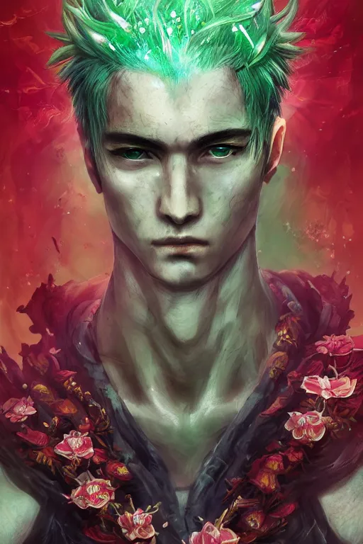 Image similar to portrait of beautiful young man, warhammer, japanic style, cyberpunk, a lot of scars, more and more flowers, green head, sun side, some red water, the middle ages, highly detailed, artstation, illustration, artgerm sylvari portrait, 8 k quality