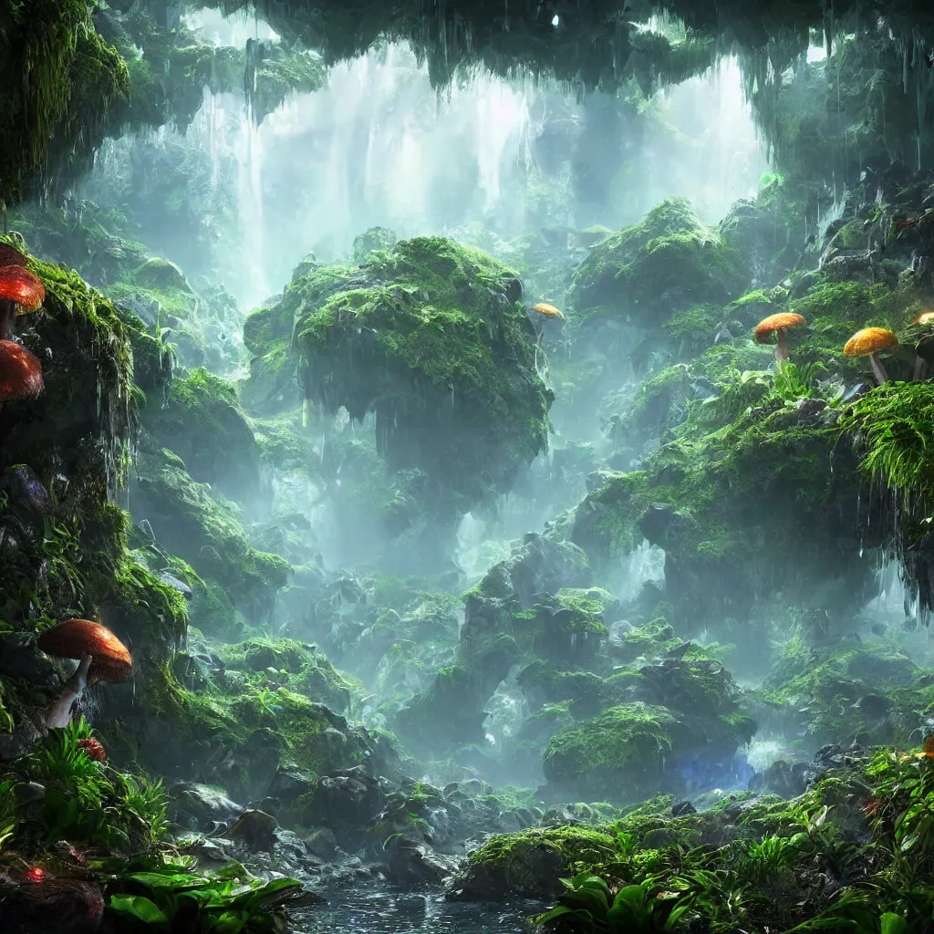 Image similar to a beautiful and stunning digital render of an epic glowing crystal cave, a lush prehistoric jungle, dimly glowing mushrooms, haze, waterfall, volumetric lighting, photorealistic, unreal engine 5, ultra detail, trending on artstation