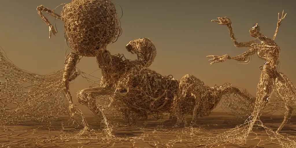 Prompt: A George Miller film, an ornate real character made out of intricate metallic filament webs and Endocrine system built out of dust and light, floating in the desert night, hyper-realism, very detailed feel, rendered in Octane, tiny points of light, caustic, 4k, beautiful lighting, colorful, vibrant