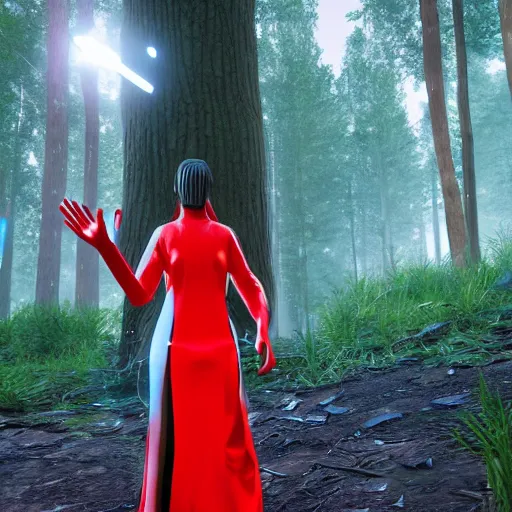 Prompt: a girl in the woods, wearing futuristic clothes, with a red bright orb shining above her, unreal engine 4k detailed