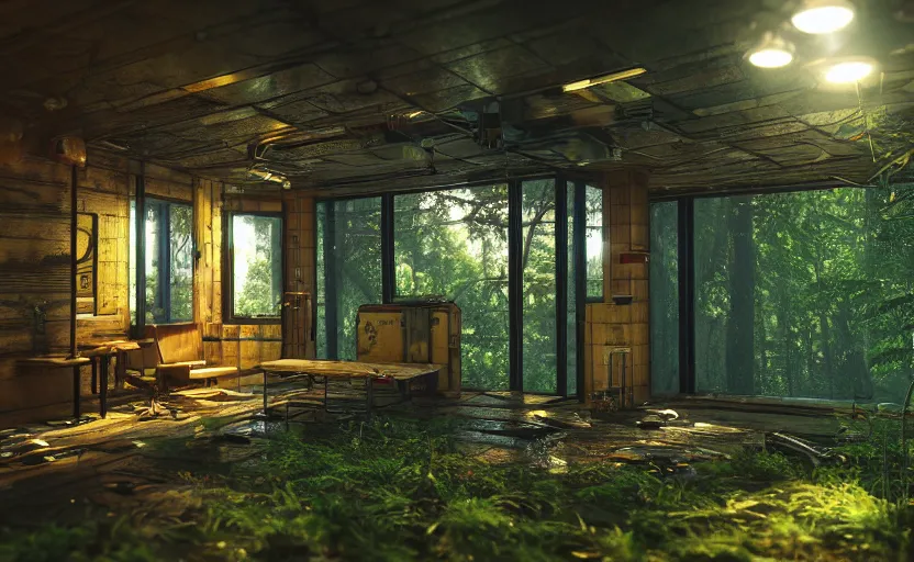 Image similar to photorealistic cyberpunk cabin in a lush forest. daylight. light fixtures. 8K. detailed. photorealism. artstation. 25mm f/1.7 ASPH Lens. ultra realistic