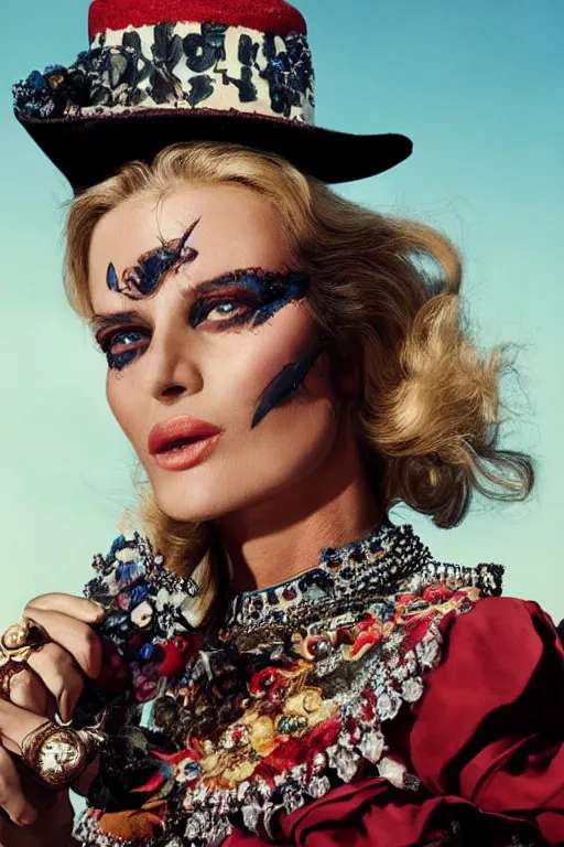 Image similar to dolce & gabbana campaign featuring donald trump as a cowgirl, long eyeslashes, huge juicy lips, big seductive eyes, unprocessed colors, # nofilter, shot by annie leibovitz, realistic vfx simulation