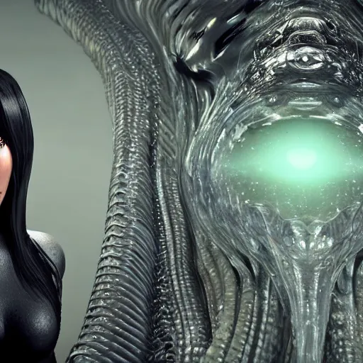 Image similar to epic still of a kim kardashian with trapped in a transparent alien liquid, wet flowing hair, gooey skin, illustration, unreal engine 5, 8 k, made by h. r. giger