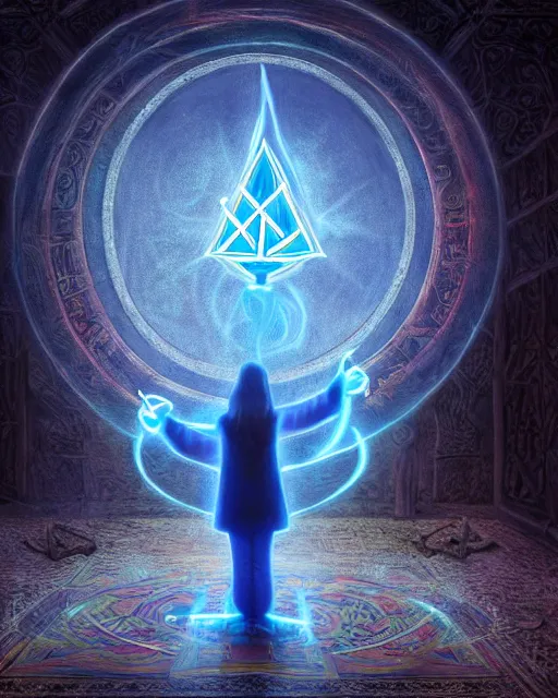 Image similar to photorealist painting of mage reciting an incantation and standing on glowing runes in the middle of dark room, high production value, intricate details, high resolution, hyperrealistic, hdr, high definition, masterpiece, ultra realistic, highly detailed, hd, sharp focus, non blurry, sharp, smooth