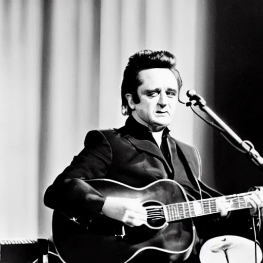 Prompt: Johnny Cash in the 1970's playing a Theremin, black and white photograph