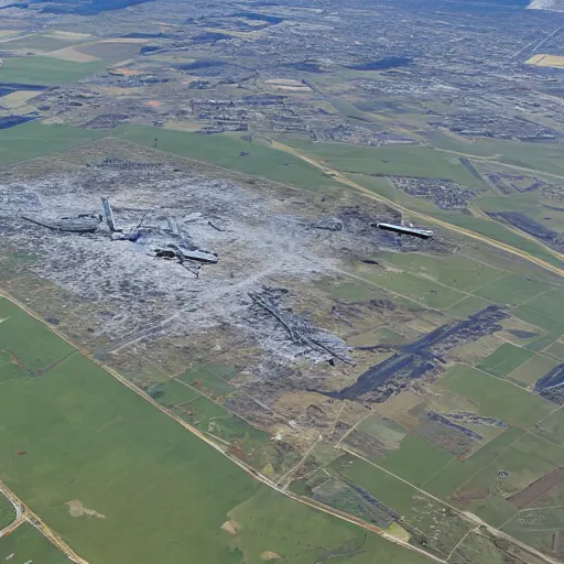 Prompt: satellite photo showing destruction of airfield, highly realistic, photorealistic, detailed