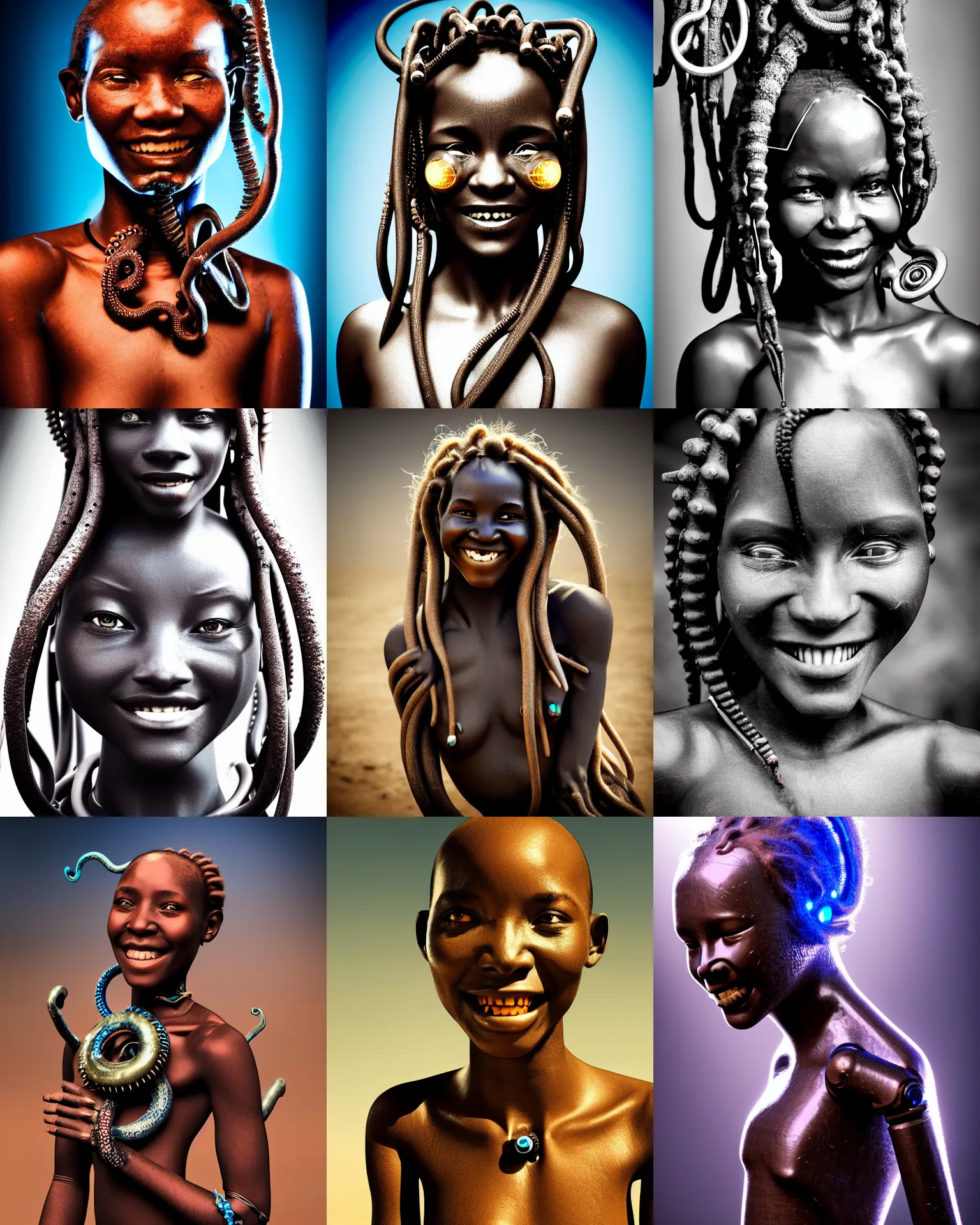 Prompt: futuristic himba young woman smiling, glowing mechanical eye, robotic limb, blue tentacle dreadlocks, realistic sci - fi, dramatic lighting, intricate, depth of field, sepia