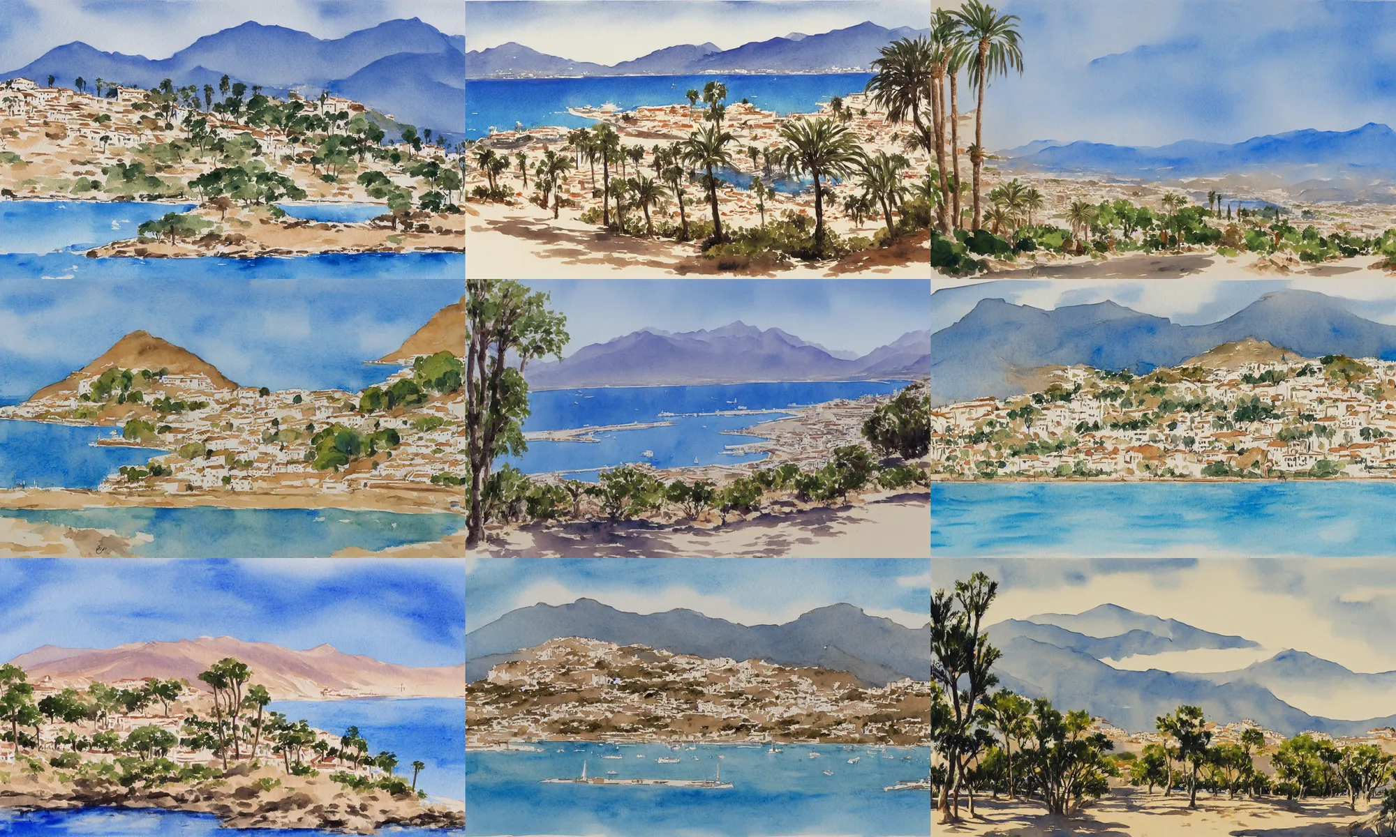 Prompt: watercolor painting of marbella landscape, sun coast, small city, beach, mountain in the background, trending on artstation, by alexandre benois