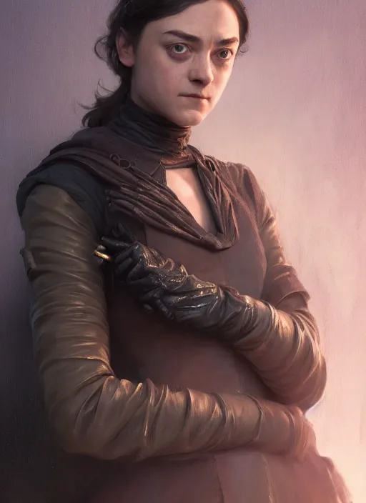 Prompt: portrait of arya stark wearing leather gloves, elegant, smooth glowing skin, glamour shot, super detailed, storybook fantasy, soft cinematic lighting, by yoshitaka amano, by bouguereau, bygreg rutkowski, by jeremy lipking, by artgerm, digital art, octane render