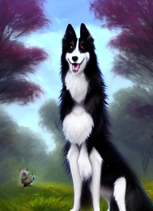 Prompt: full body digital painting of a cute male anthropomorphic border collie fursona wearing a jacket in front of a park, furaffinity, scenic background, intricate, elegant, beautiful, fantasy, highly detailed, glamor pose, trending on artstation, art by charlie bowater and henry asencio and and ross tran