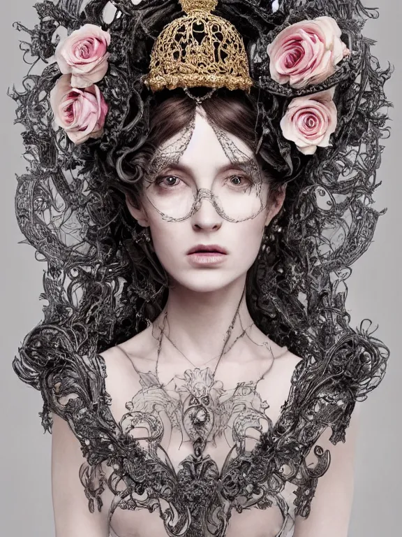 Prompt: a 65mm fashion headshot portrait of a catholic veiled Princess who has rococo dramatic headdress with roses,with symmetry intricate detailed,by Virginie Ropars and Nekro and peter gric and aaron horkey and Billelis, ,William Holman,GUCCI,DIOR,trending on pinterest,hyperreal,jewelry,gold,maximalist