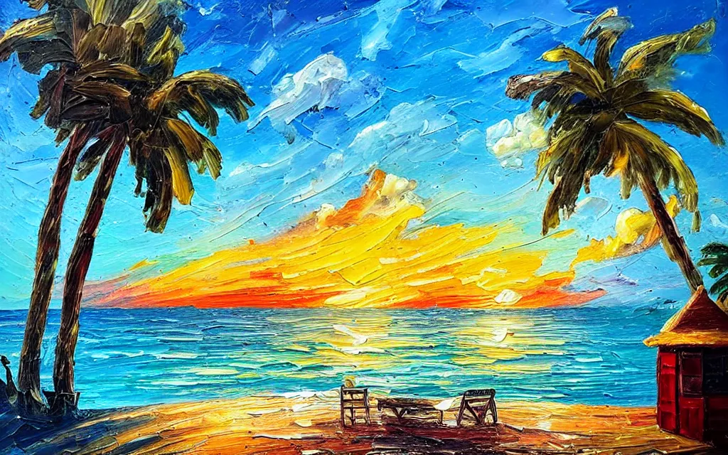 Image similar to in a sea is a tiny island with a cute cozy cottage with a terrace, a paved garden courtyard with benches and a fountain, palm trees, sunset, puffy clouds, dramatic and dynamic lighting, thick brush strokes oil impasto painting