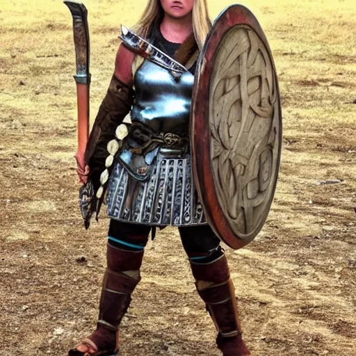 Prompt: full shot of female viking warrior