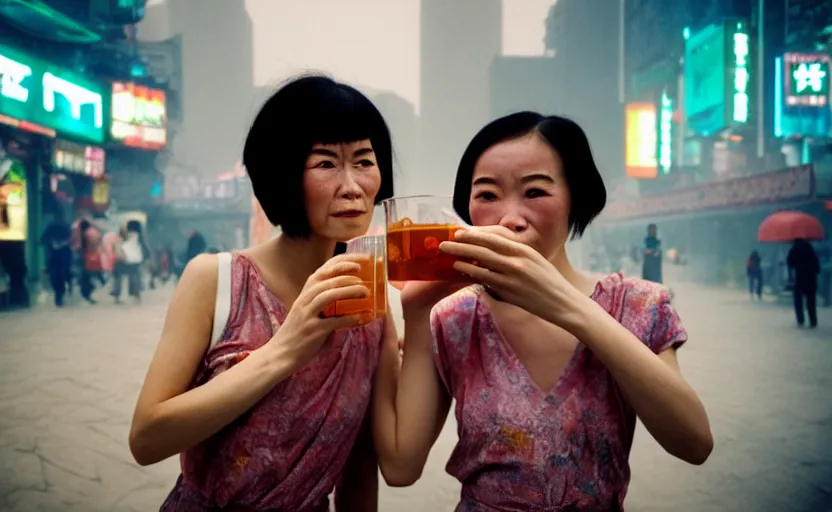 Image similar to cinestill 5 0 d candid photographic portrait by helen levitt of two android women sharing a drink in futuristic china, extreme closeup, modern cyberpunk, dust storm, 8 k, hd, high resolution, 3 5 mm, f / 3 2, ultra realistic faces, intricate detail, ex machina