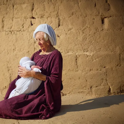Prompt: dramatic film still of 80 year old sentimental Mediterranean skinned woman in ancient Canaanite clothing holding a newborn baby, crying, awe, love, ancient interior tent background, Biblical epic movie
