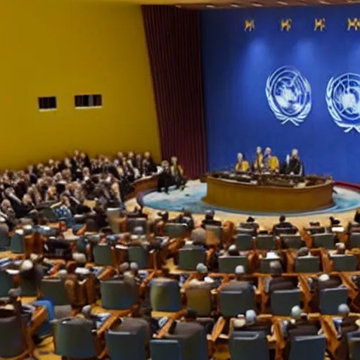 Prompt: hyperrealistic film still of the minions in the un security council, stunning 3 d render, dim volumetric cinematic lighting, 8 k octane comprehensive render, extremely hyper - detailed, incredibly lifelike attributes, intricate, real flesh texture, masterpiece